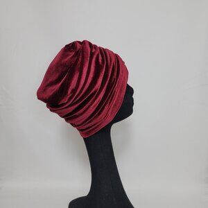 Women's Wine Stretch Velvet Soft Slouchy Beanie Hat with Lining
